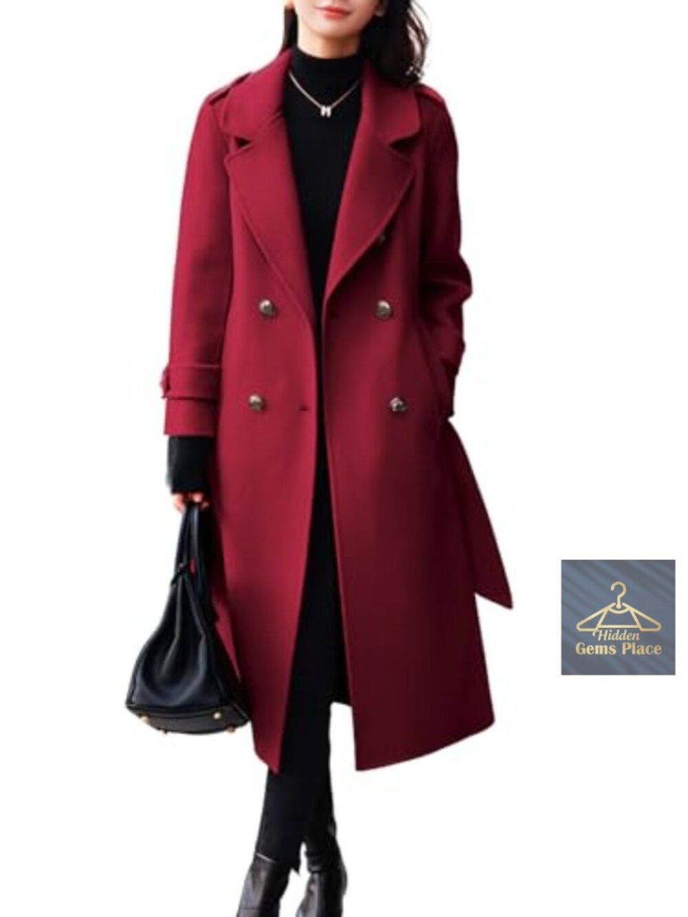 Women's Wool Blend Double Breasted Peacoat with Belt Midi Long